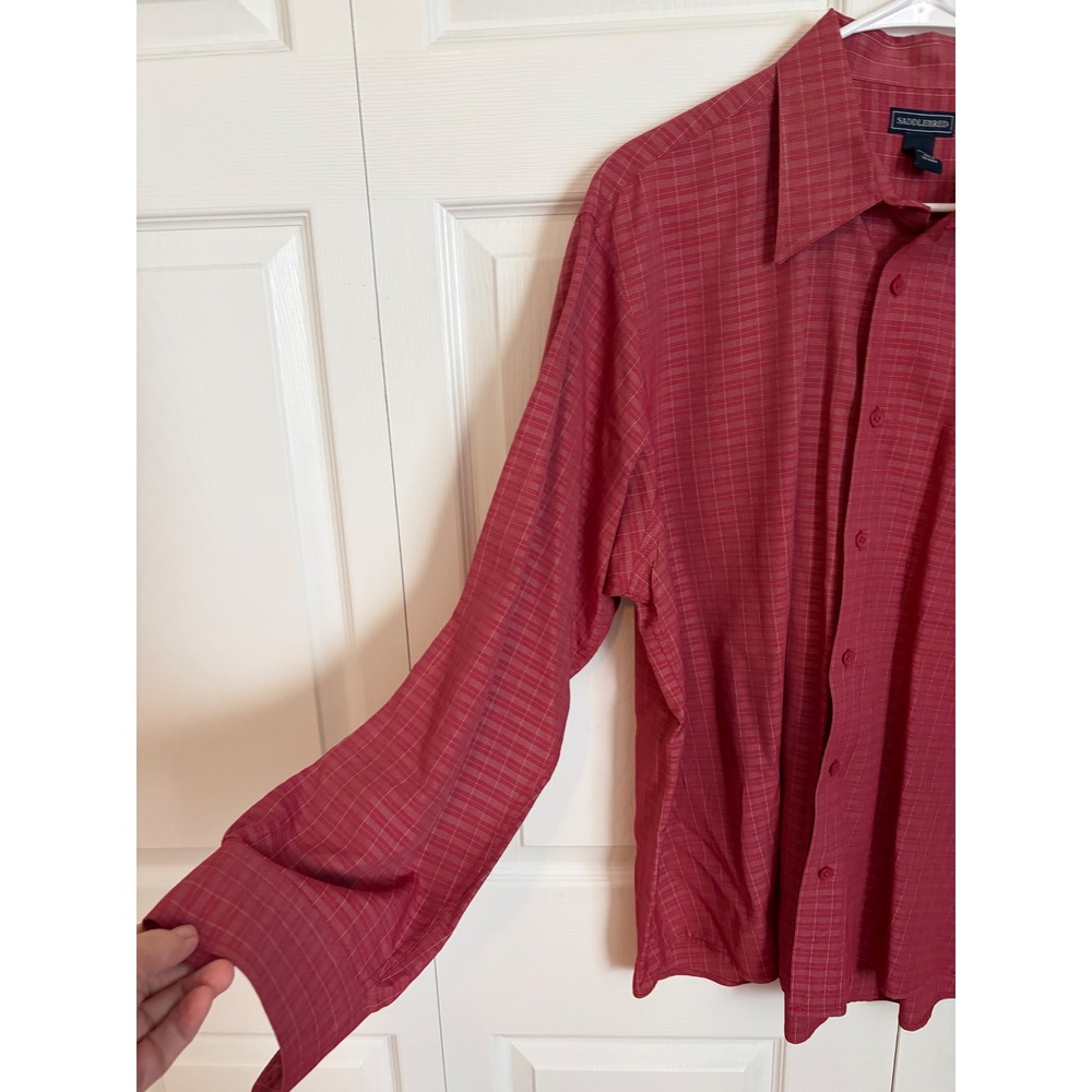 Saddlebred Mens XL Red White Micro Grid Check Long Sleeve Button Down Shirt - Picture 2 of 6